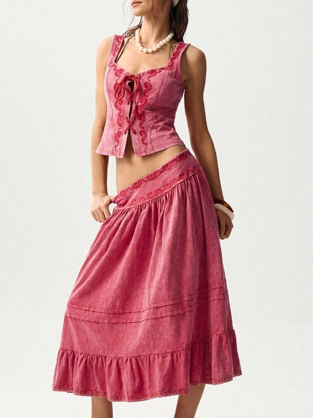 Red Casual Women's Knit Patchwork Lace Hem Skirt